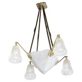 IQ4299 ART DECO FOUR ARM FROSTED GLASS & SILVERED BRONZE CHANDELIER 