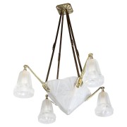 IQ4299 ART DECO FOUR ARM FROSTED GLASS & SILVERED BRONZE CHANDELIER 
