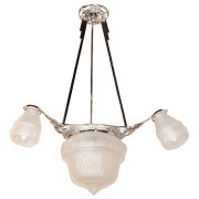 IQ4300 ART DECO CUBIST FOUR-GLOBE FROSTED RELIEF GLASS CHANDELIER