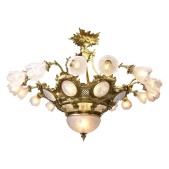 IQ4346 FRENCH BELLE EPOQUE GILT-BRONZE & MOLDED GLASS 16 LIGHT PLAFONNIER CHANDELIER