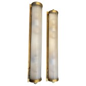 IQ4353 WONDERFUL LARGE PAIR VINTAGE VAUGHAN BRONZE CURVED FROSTED GLASS LANTERN SCONCES