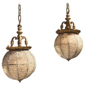 IQ4496 PAIR BELLE EPOQUE BRONZE AND BEADED CRYSTAL SPHERE CHANDELIERS